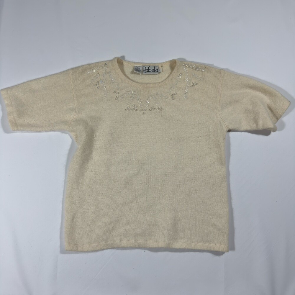 Rafaella Sweater Women Large Cream Vintage 90s Beaded Angora Wool Blend Good